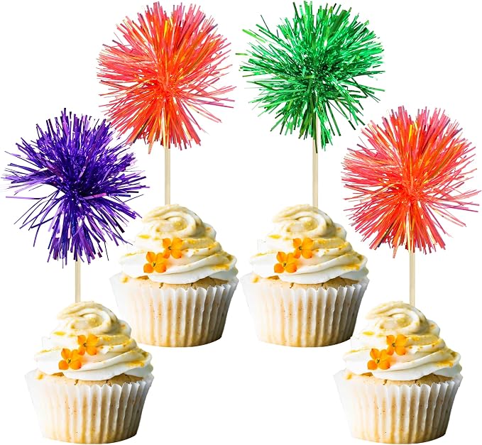 Gyufise 30Pcs Foil Firework Cupcake Toppers Sparkle Tinsel Cake Toppers Tinsel by Gyufise