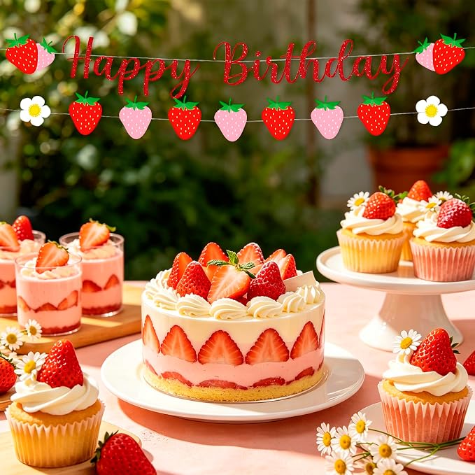 MEETINGU Strawberry Happy Birthday Banner, Strawberry and Flower Themed - Image 3