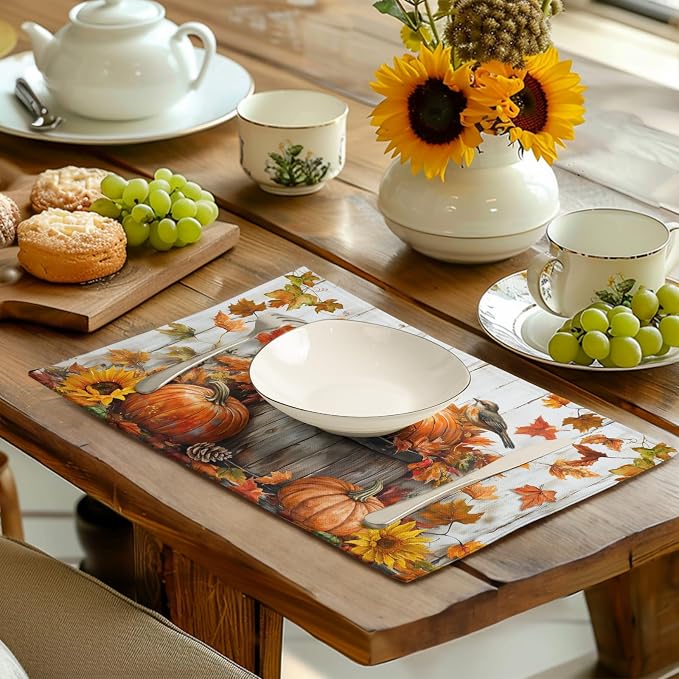 Fall Placemats 12x18 Inch Set of 4 Pumpkin Maple Leaves Sunflower Bird Linen - Image 6