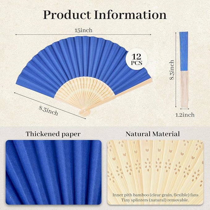 JOHOUSE 12 PCS Dark Blue Paper Fans Handheld, 8.3 Inch Foldable Hand Fan | - Image 7