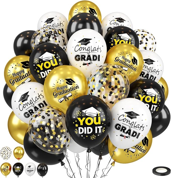 Black Gold Graduation Balloons, 12 Inch Metallic Gold and Black Graduation by Saxuxu