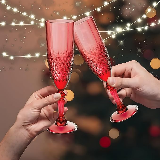 Plastic Champagne Flutes, 24PCS Dark Red Wine Glasses Goblets Cups Reusable Flute, for Christmas Weddings Christmas Bachelor Parties Toasting and Events(24, Dark Red)