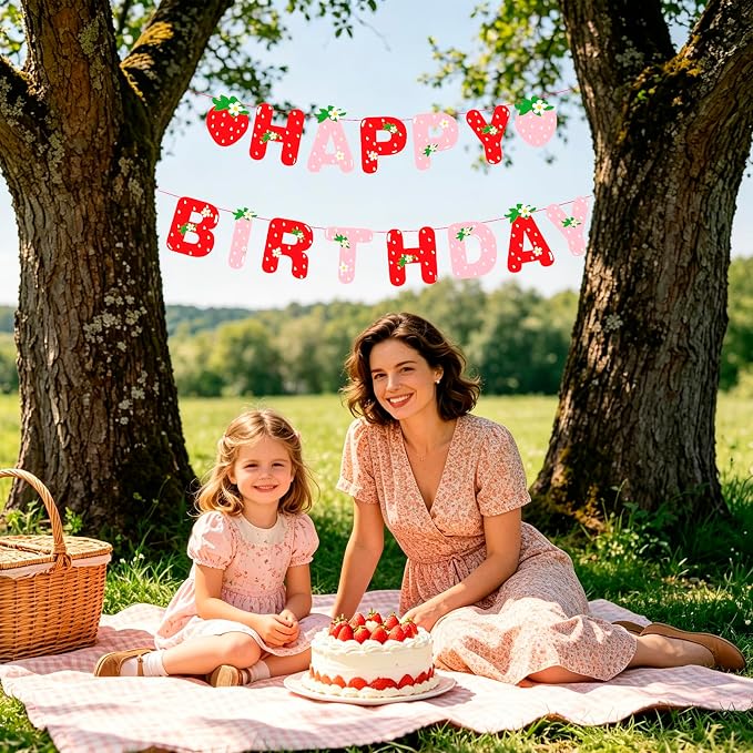 MEETINGU Strawberry Happy Birthday Banner, Berry Sweet Girl Party Decoration - Image 5