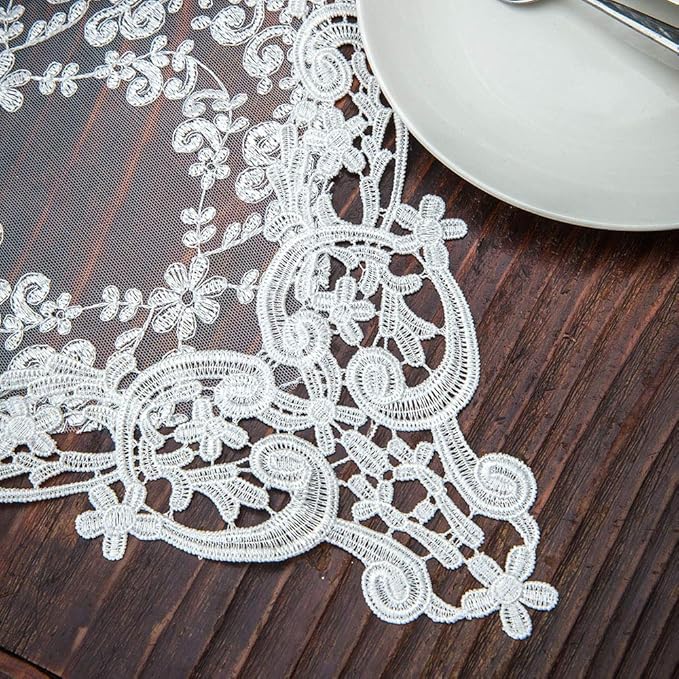 ARTABLE Rectangle Table Runner Lace Macrame Embroidered Table Runners with Exquisite Vintage Shabby Chic for Holiday Wedding Long Dinner Tables (White, 12 x 84 Inch)