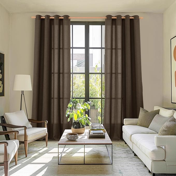 YoungsTex 102 Inches Long Brown Linen Curtains, Chocolate Semi Sheer Drapes - Image 2