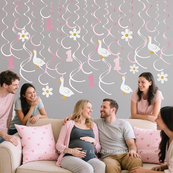 24Pcs Pink One Silly Goose Hanging Swirl Decorations Daisy Felt Swirl Streamer - Image 6