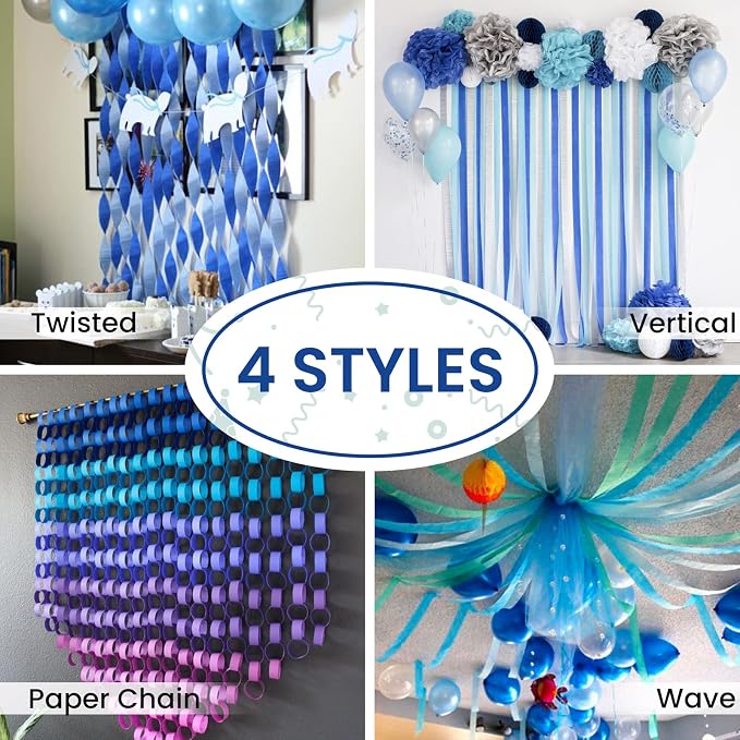 PartyWoo White Silver Royal Blue Light Crepe Paper Streamers 6 Rolls 492 FT | - Image 6
