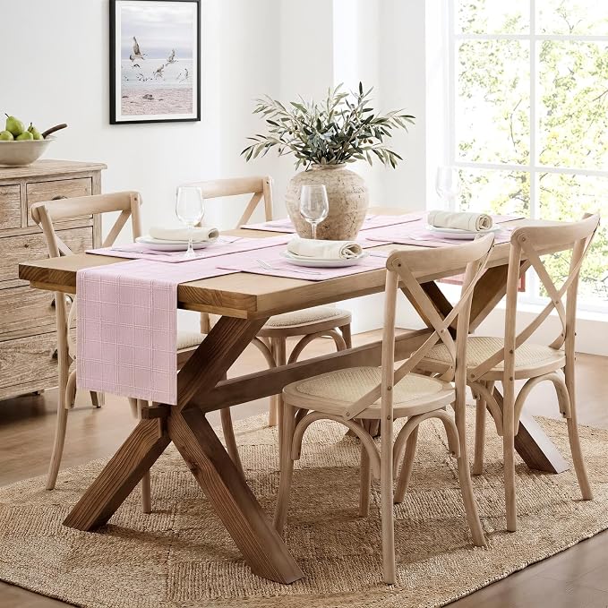 Linen Checked Farmhouse Table Runner, 13x108 Inches Pink | Raised Grid Design - Image 3
