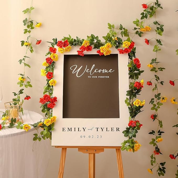 Floweroyal 2 Pack Artificial Flower Garlands 15.8FT Fake Rose Vines Silk Flowers Hanging Rose Ivy for Wedding Arch Party Home Garden Wall Decor (Orange Yellow)