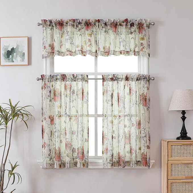 Crushed Sheer Cafe Curtains Kitchen Tiers 30 Inch Length 2 Panels, Printed - Image 5
