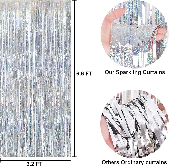 2 Packs 3.2ft x 6.6ft Silver Multicolor Tinsel Foil Fringe Curtains Photo Booth - Image 2