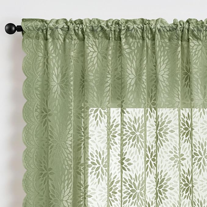 MIULEE Vintage Floral Scalloped Lace Curtains, Sage Green 52" W x 63" L | 2 - Image 6