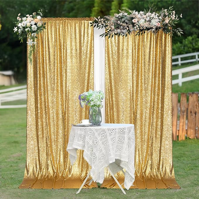 PartyDelight Gold Sequin Backdrop Curtains 5x10ft 2 Sparkly Panels | 4 Inch Rod - Image 9