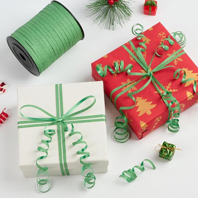 Green Curling Ribbon, 500 Yards, 1/5 Inch | Glitter, - Image 4