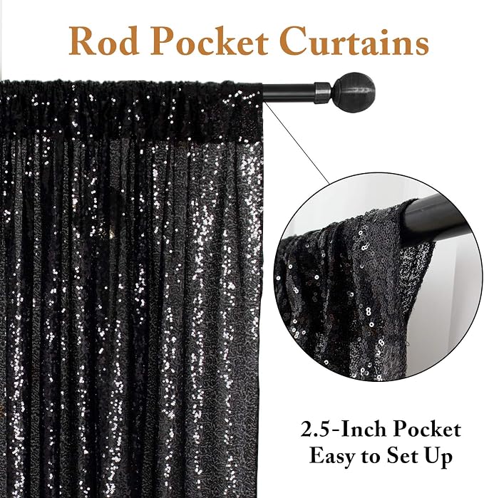 ShinyBeauty Sequin Curtains 4 Panels Black Backdrop 2x8ft Party Photo Decor | - Image 3
