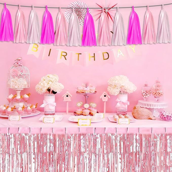 3P Maca-Rose Red Pink LightPink Tassel Banner Garland Foil Fringe Banner Tinsel - Image 5
