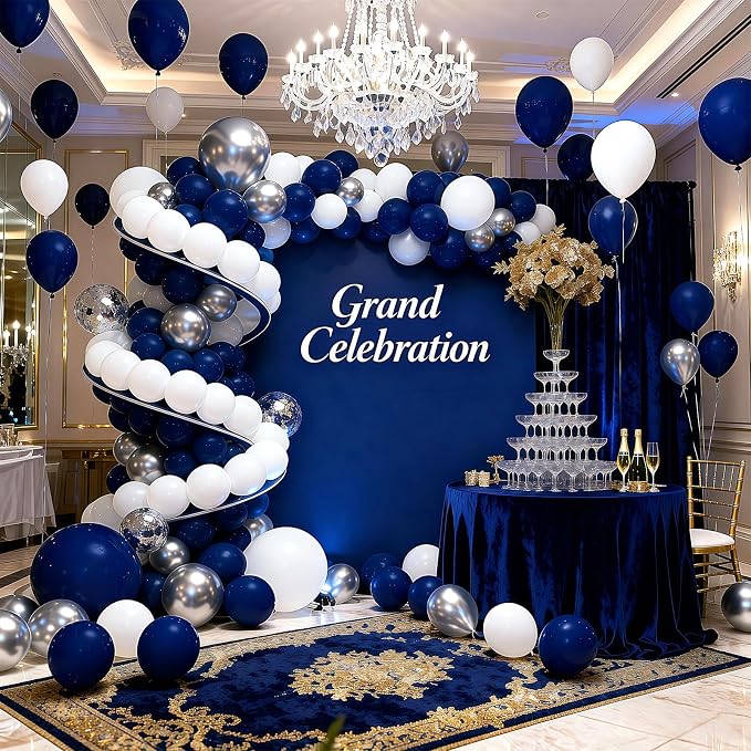 Navy Blue White and Silver Balloons 100 Pack 12 Inch White and Silver Metallic - Image 3