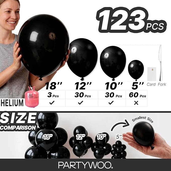 PartyWoo Black Balloons 123pcs Different Sizes of 18 12 10 5 Inch | Balloons - Image 6