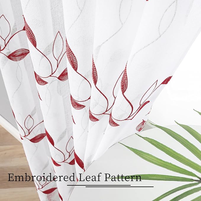 Tollpiz Burgundy Red Leaf Sheer Tier Curtain Kitchen 30 x 36 Inches | Leaves - Image 3