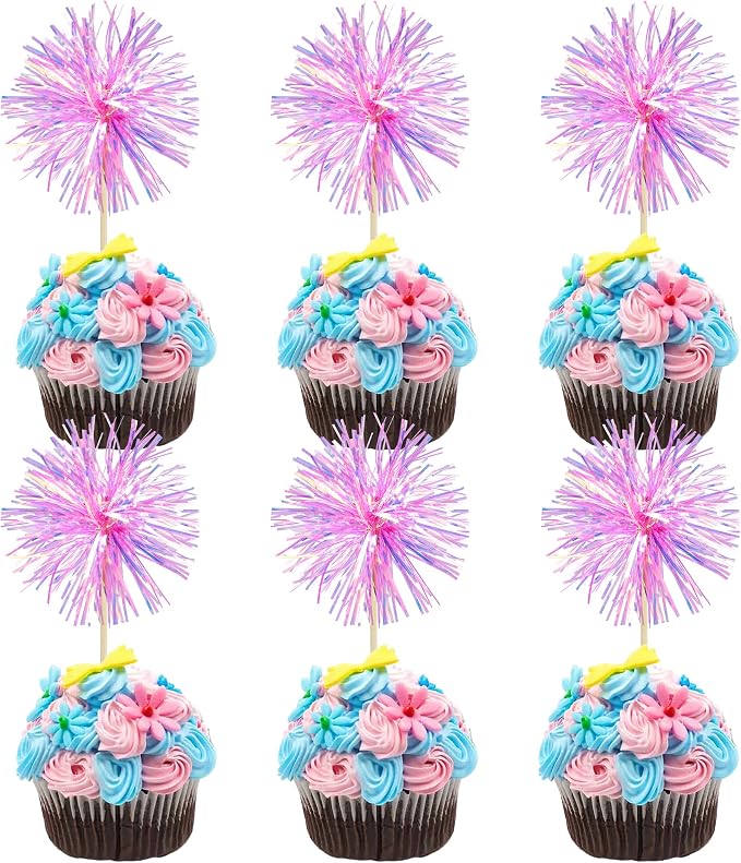 Gyufise 30Pcs Foil Firework Cupcake Toppers Sparkle Tinsel Cake Toppers Tinsel by Gyufise