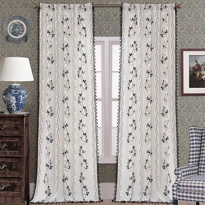 F-CHU Vintage Floral Curtains Bohemian Drapes 72 Inch Length Cotton Linen Boho - Image 2