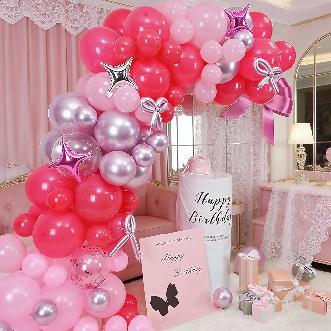 Hot Pink Balloons Garland Arch Kit, Metallic Chrome Magenta Balloon Happy - Image 2