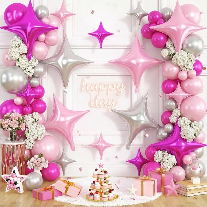 Pink Silver Star Balloons, 26 Inch and 10 Inch Pink Stars Shaped Balloon - Image 4