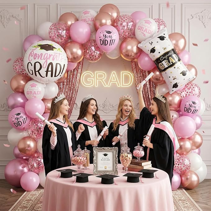 Pink Graduation Balloons, Grad Round Foil Balloons, Metallic Confetti Pink - Image 4