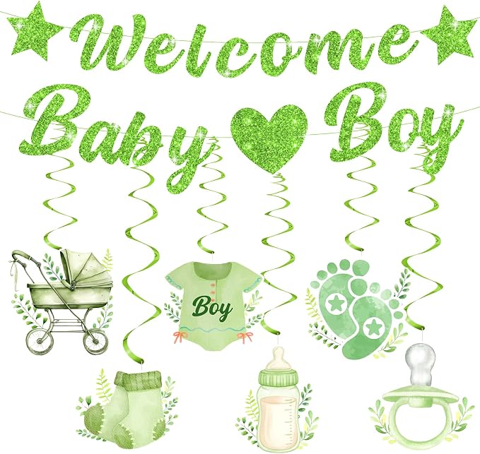 Green Baby Shower Decorations for Boys Glitter Greenery Welcome Baby Boy Banner by Peconal