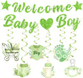 Green Baby Shower Decorations for Boys Glitter Greenery Welcome Baby Boy Banner by Peconal
