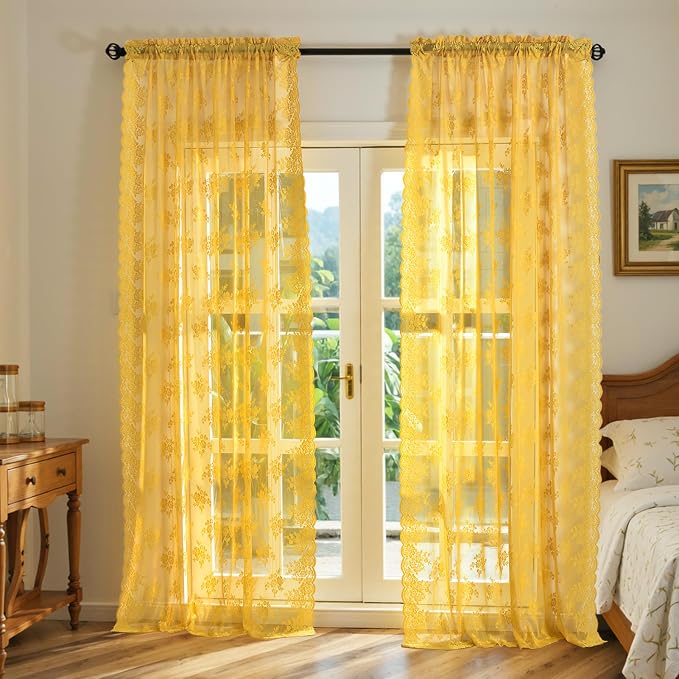 Kotile Mustard Yellow Sheer Lace Curtains Rustic Floral 52x84 Inch 2 Panels | - Image 5
