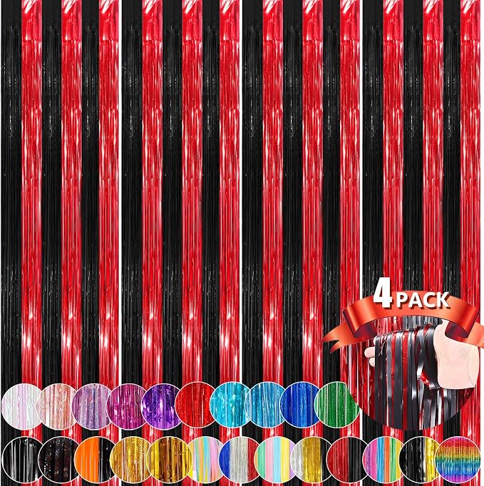 Black Red Metallic Tinsel Foil Fringe Curtains, 4 Pack 3.3x8.3 Feet Streamer by NUWDHP