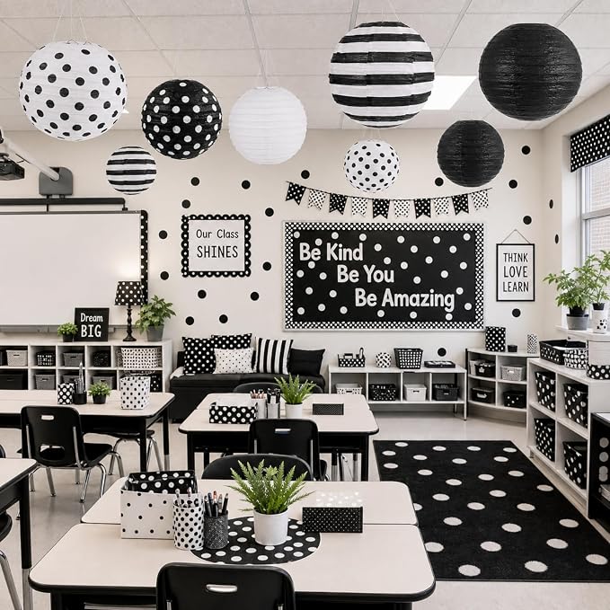 Treela 6 Pack Black and White Paper Lanterns Back to School 8" Round Hanging - Image 7