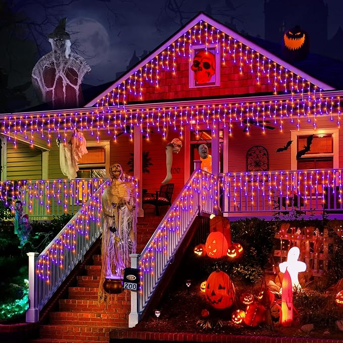 KNONEW 99FT 1216 LED Halloween Lights Decortation Orange Purple String Lights Outdoor with 228 Drops, 8 Lighting Modes, Timer Memory Function Hanging Curtain Lights for Halloween Party Decor