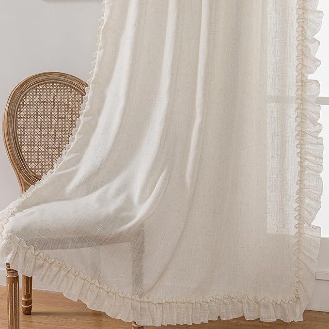 Natural Linen Curtains with Ruffled Edges Farmhouse 58 x 108 Inch 2 Panels | - Image 5