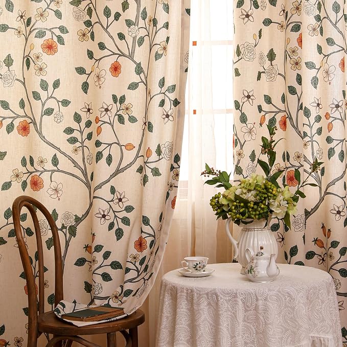 Designer Elegant Linen Printed Curtains, 2 Panels, Floral Pattern Draps - Image 2