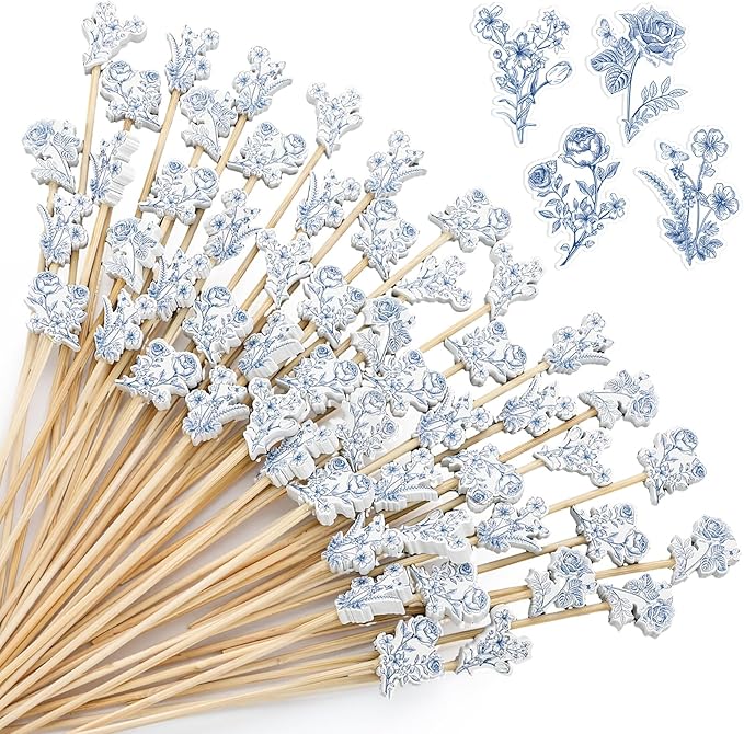 Bokon 200 Pcs Blue White Vintage Flower Cocktail Picks Bamboo Toothpicks Drinks by Bokon