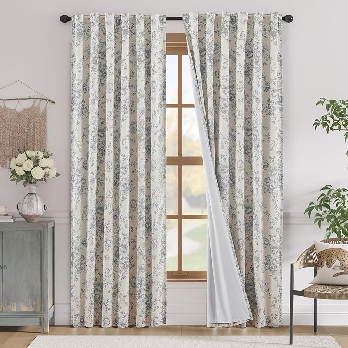 jinchan Grey Floral Linen Blackout Curtains Lined 84 Inch Back Tab 2 Panels | by JINCHAN