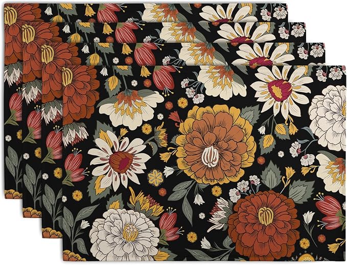 Black Boho Floral Placemats Set of 4 Spring Summer Vintage Flowers Botanical by Wnoesat