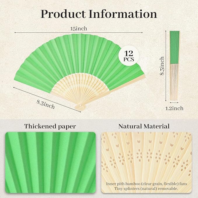 JOHOUSE 12 PCS Green Paper Fans Handheld, 8.3 Inch Foldable Hand Fan | Woodland - Image 7