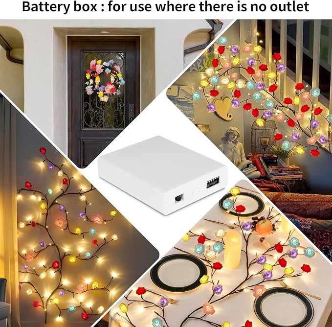 7.55FT 144LED Macaroon Rose Blossom Enchanted Willow Vine Light, Battery Box | - Image 7