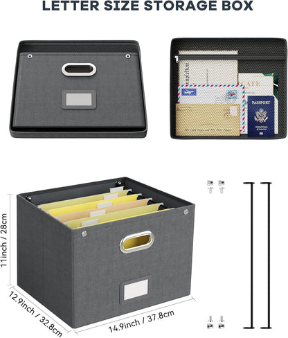 2 Pack File Organizer Box with Lid, Large Hanging Filing Box with Mesh Pocket, Document Organizer for Letter Files, Portable Storage Case for Office&Home (Dark grey)