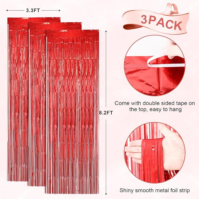 Voircoloria Laser Red Foil Fringe Backdrop Curtains, 3 Pack | Tinsel Streamers - Image 4