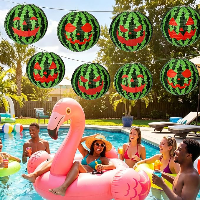 Baquler 12 Pcs Summer Halloween Paper Lanterns Decorations Watermelon Beach - Image 5