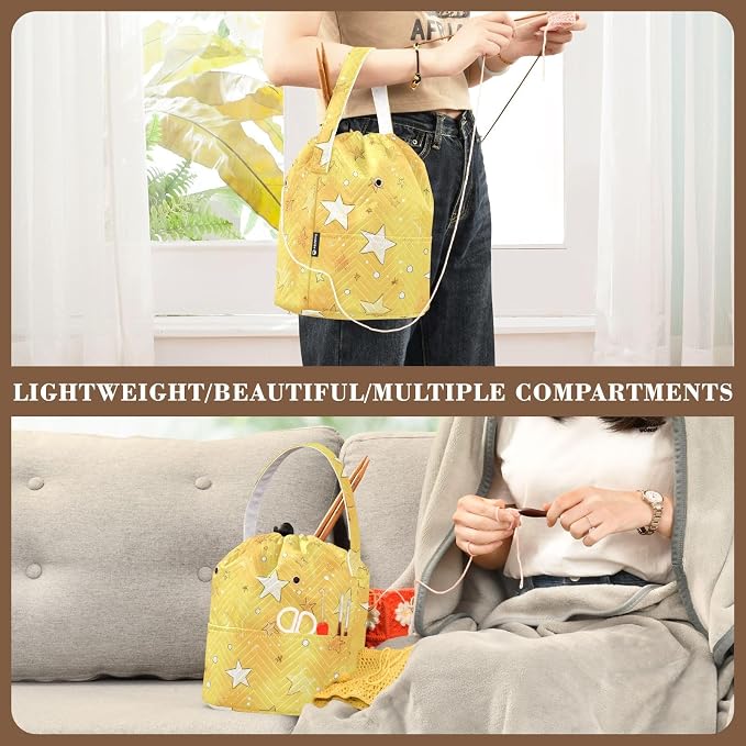 Cartoon Golden Stars and Dots Yarn Bag Small Crochet Bag Drawstring Yarn - Image 5