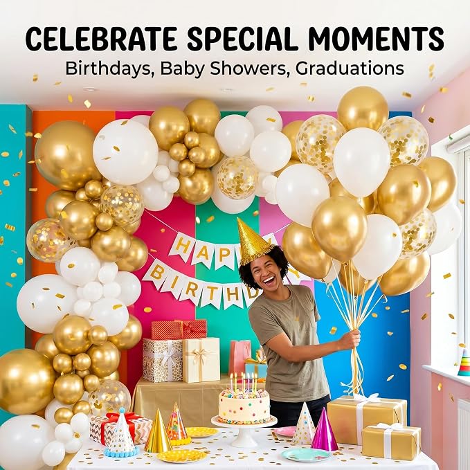 60pcs White and Metallic Gold Balloons, 12 Inch Chrome Gold, Wedding & Birthday - Image 5