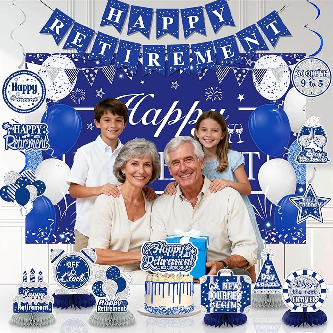 Retirement Party Decorations for Men Women Blue Silver Happy Retirement Banner - Image 4