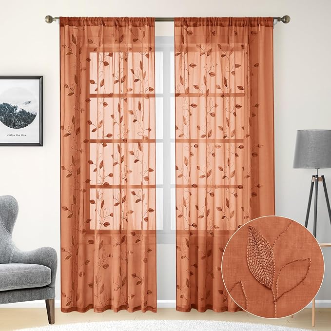 HOMEIDEAS Fall Burnt Orange Sheer Curtains 84 Inches Long 2 Panels Embroidered - Image 2