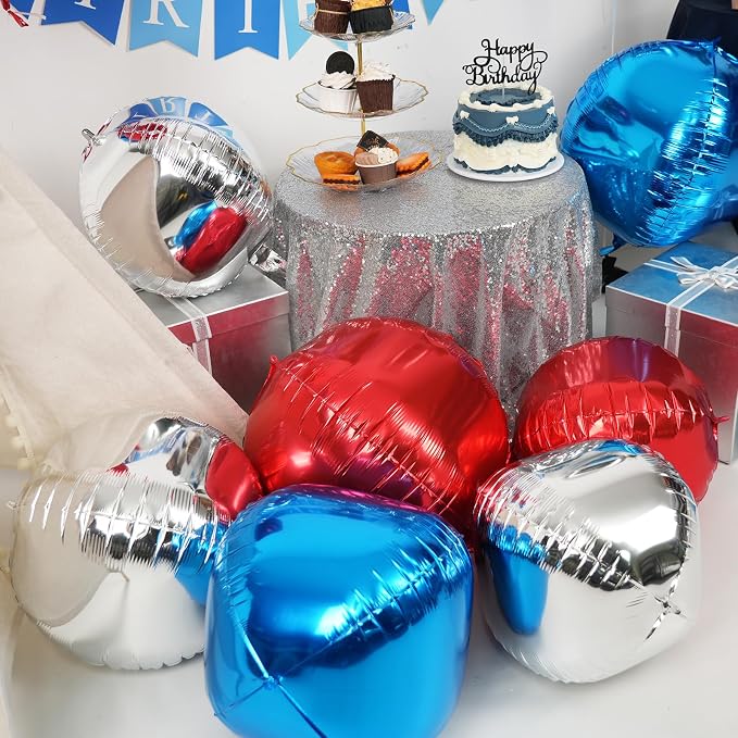 10Pcs Red and Blue Round Foil Balloons, Metallic Silver Red Blue Foil Baloon - Image 5