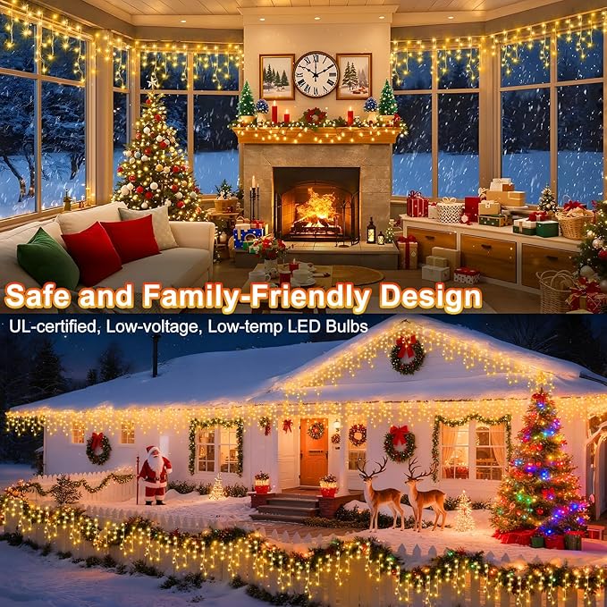 KNONEW 99ft 1216 LED Christmas Lights Outdoor Decorations with 228 Drops, 8 Modes Curtain Fairy String Light, Clear Wire LED String Light Indoor Decor for Wedding Party Christmas